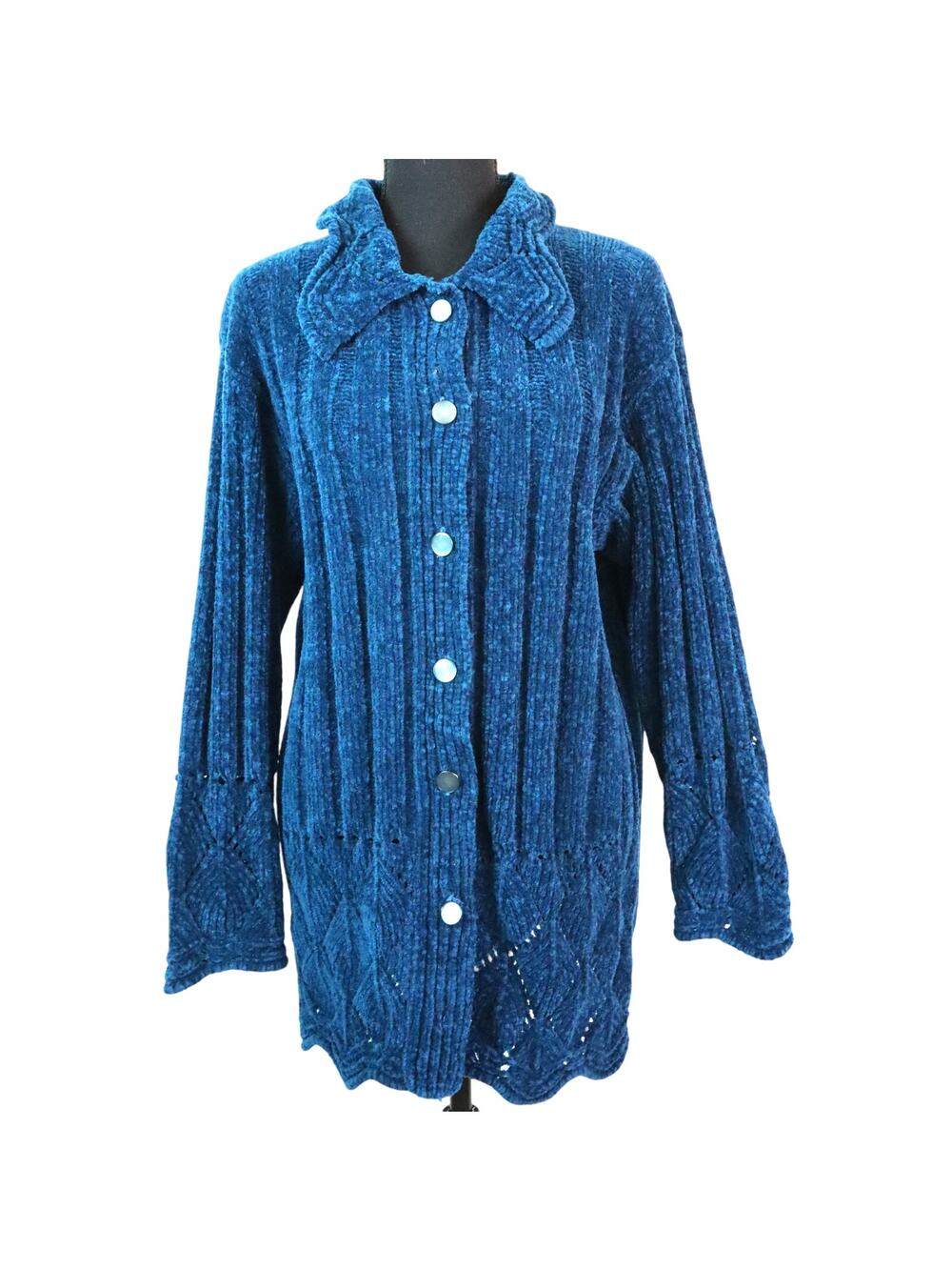 Vintage 90s Chenille Teal Blue Cardigan Carpet Long Small Sweater Boho Whimsy